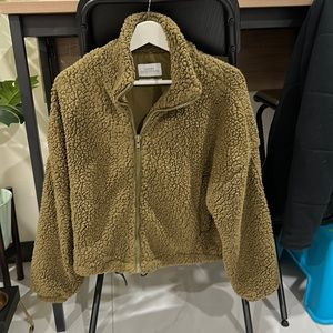 Urban outfitters fluffy olive green cropped zip jacket